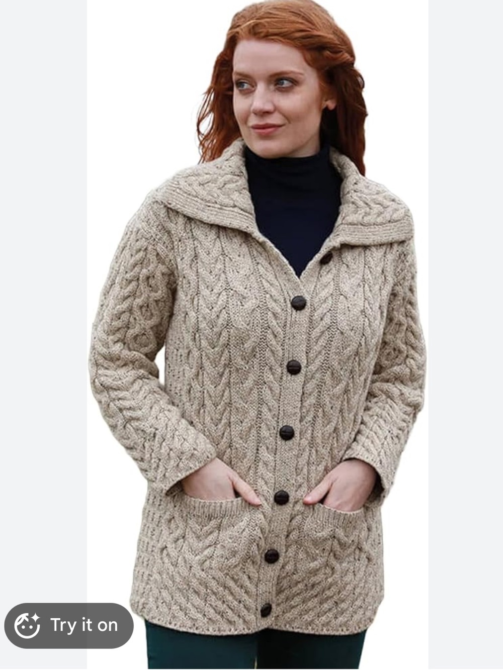 Aran Knit Cardigan for Women 100% Pure New Wool Long Sweater Made in Ireland